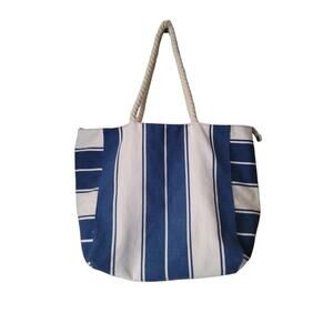 Lancome Paris Blue & White Color Block Nautical Straps Canvas Beach Bag Tote